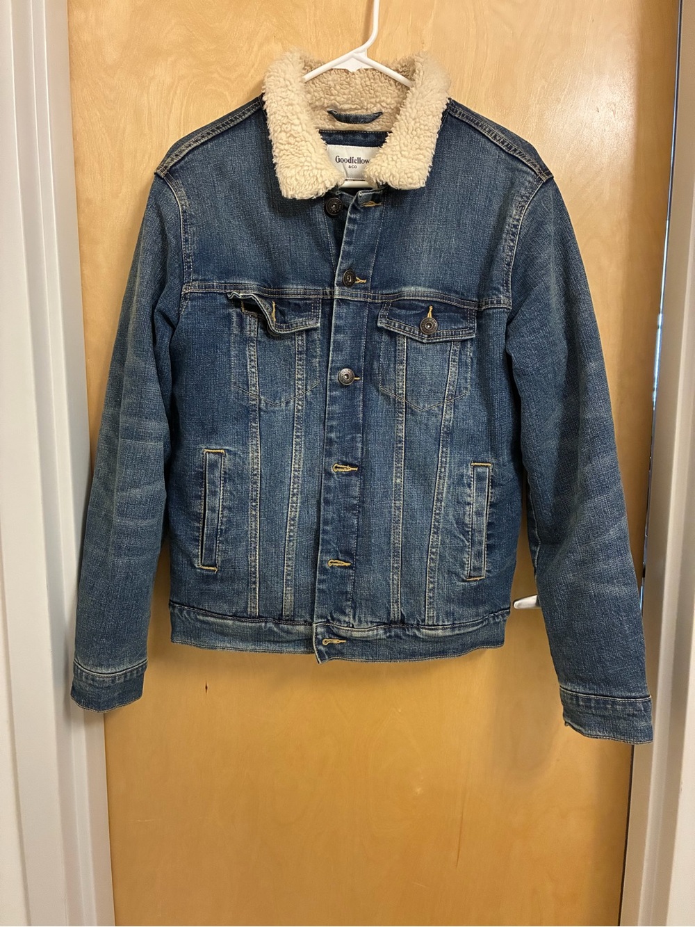 Goodfellow & Co Blue Denim Jacket with Cream Sherpa Collar